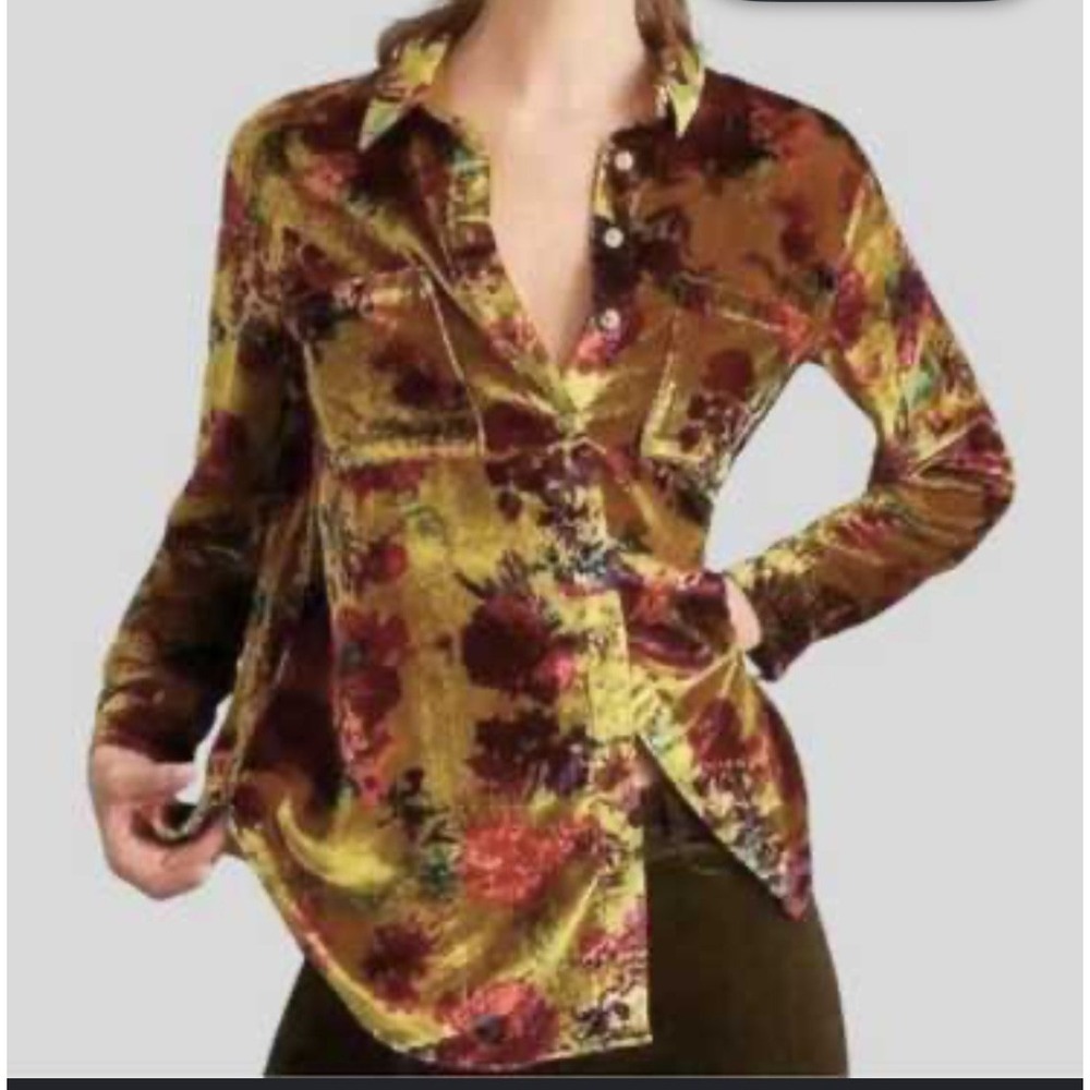 Pilcro Anthropologie Hadley Floral Burnout Velvet Button Down Shirt Oversized XS